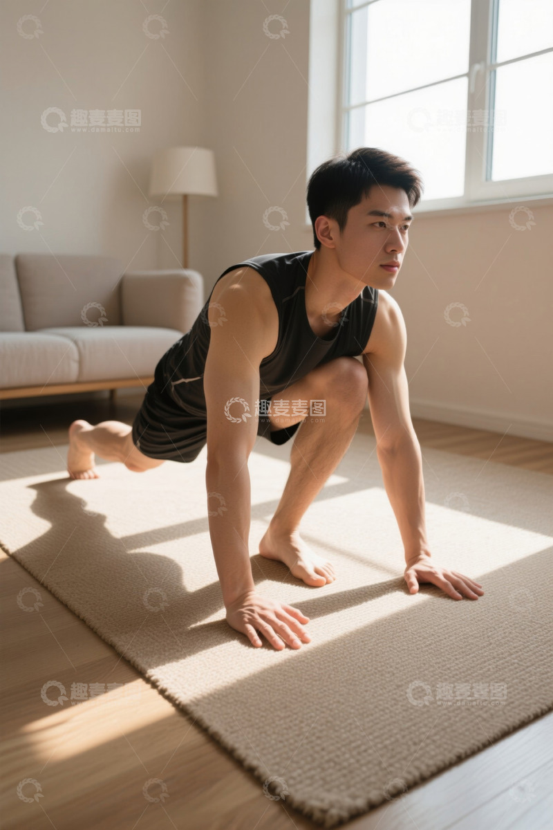 高清大图下载【趣麦麦图】阳光下居家健身的亚洲年轻男子