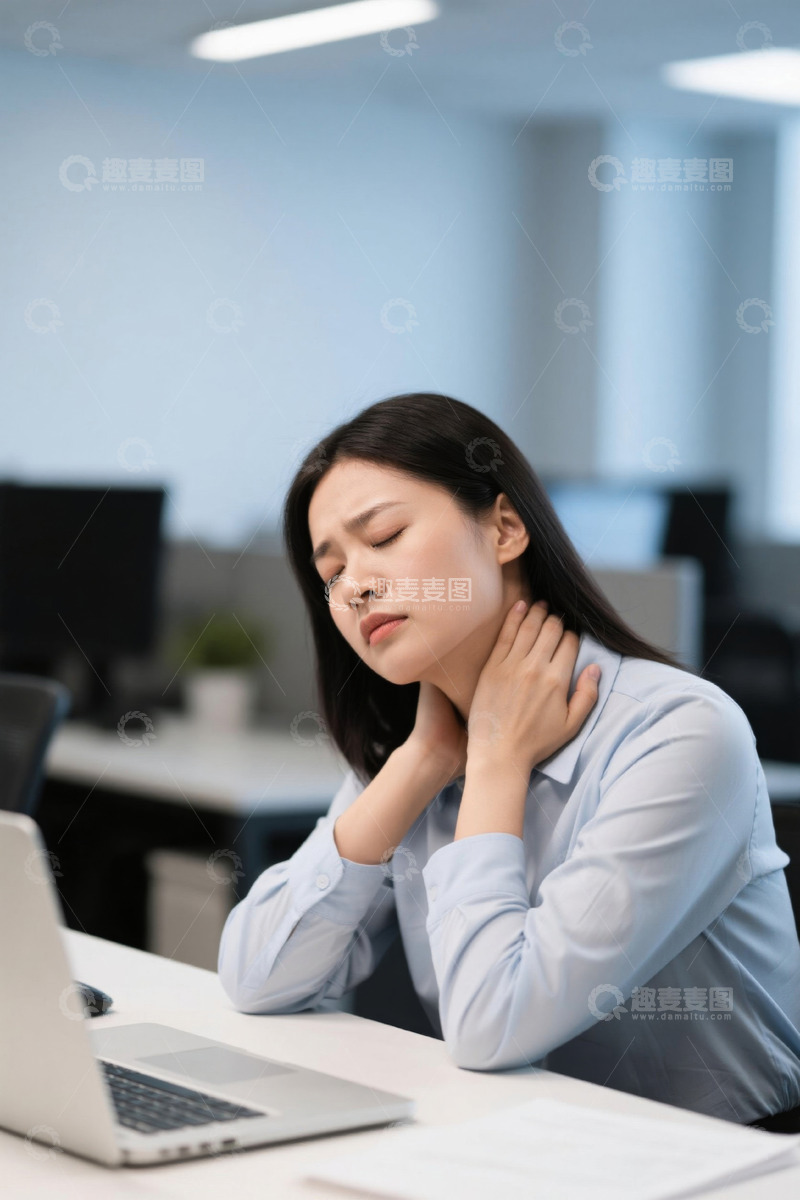 高清大图下载【趣麦麦图】年轻女子办公室颈部疼痛按摩
