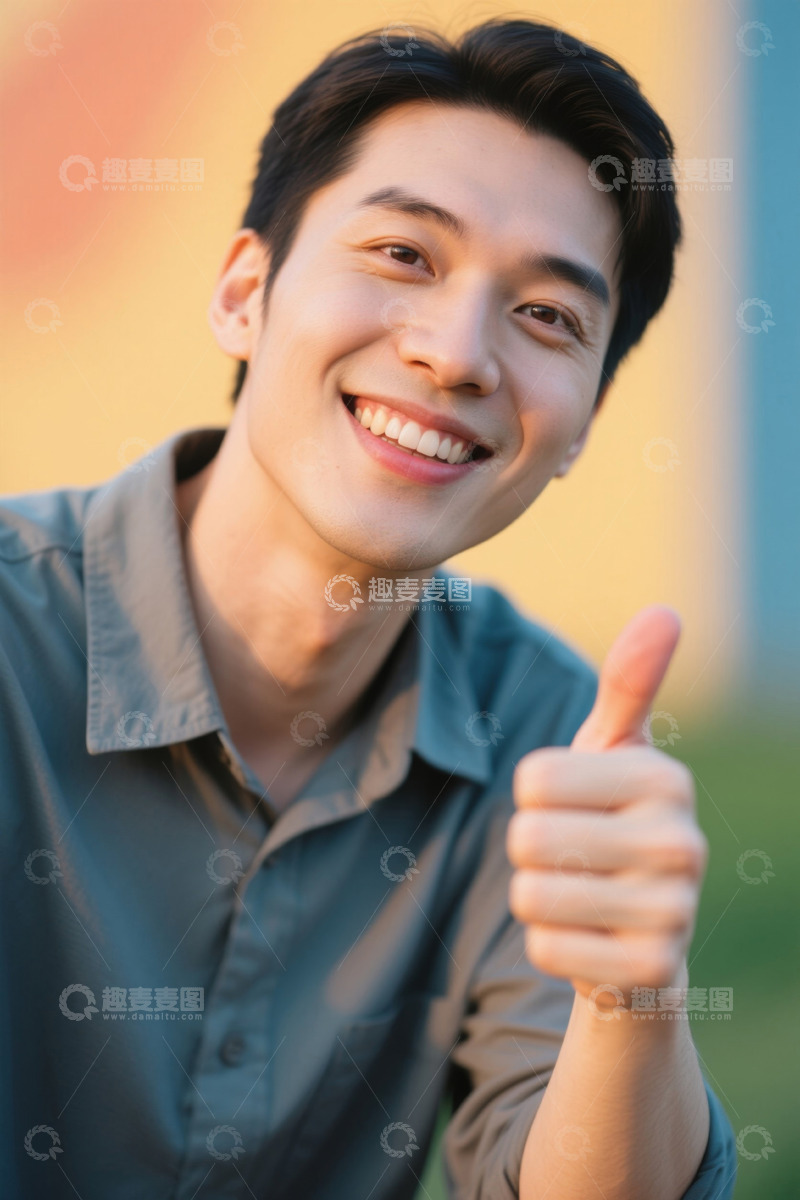 高清大图下载【趣麦麦图】阳光下微笑的年轻男子竖起大拇指