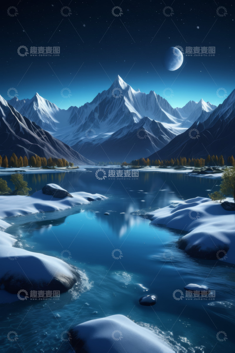 高清大图下载【趣麦麦图】月夜下的雪山湖泊风景