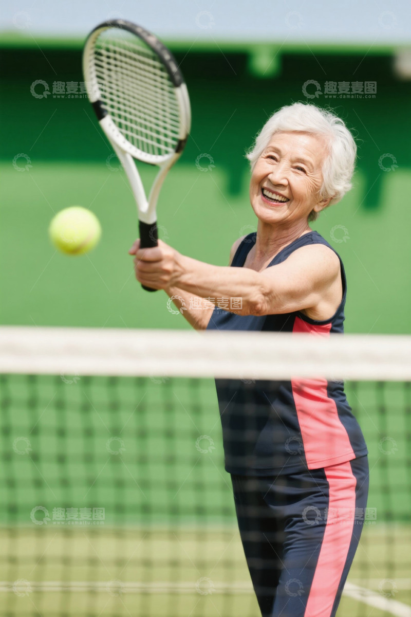 高清大图下载【趣麦麦图】快乐的老年女子打网球