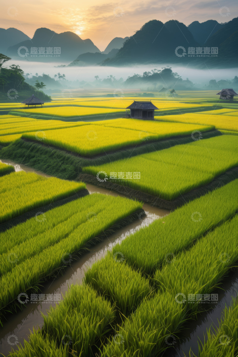 高清大图下载【趣麦麦图】日出时的田园稻田风光