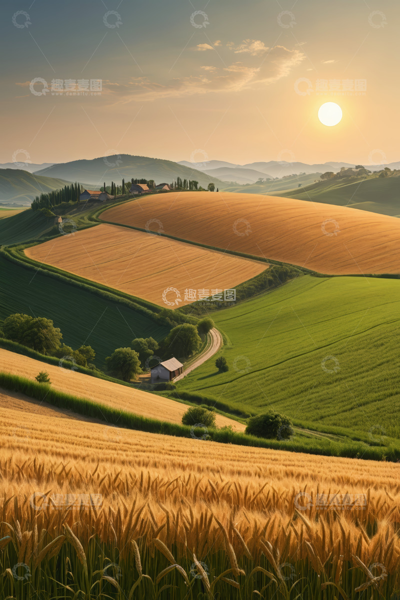 高清大图下载【趣麦麦图】田园麦田日落全景