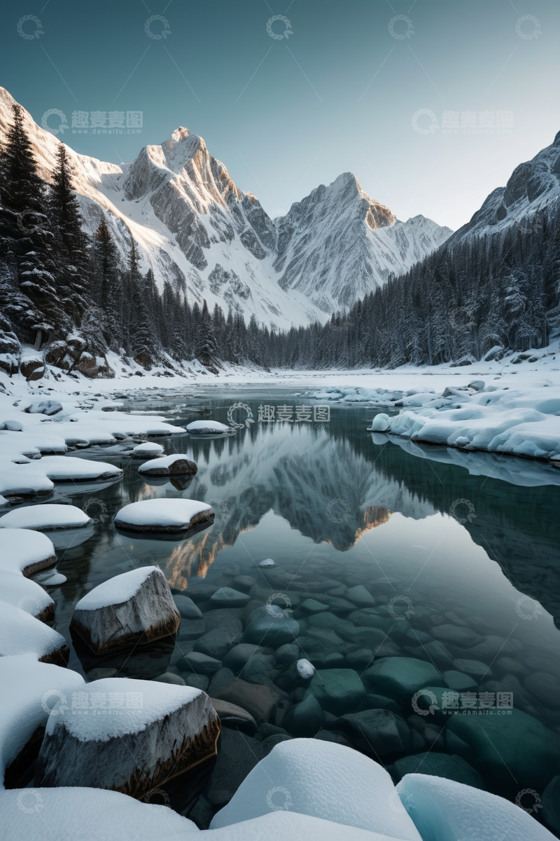 高清大图下载【趣麦麦图】雪山下宁静的河流风景
