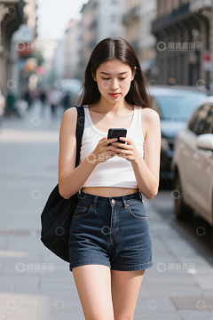 年轻女子街头玩手机