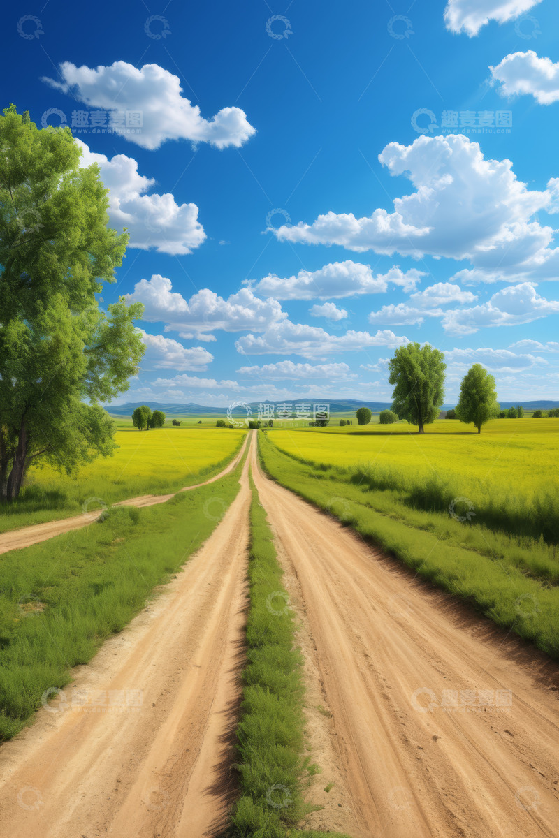 高清大图下载【趣麦麦图】田野间的泥土路与蓝天白云