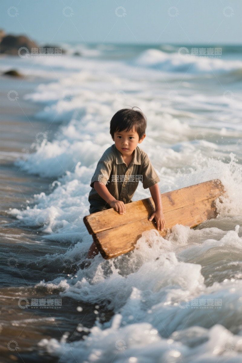 高清大图下载【趣麦麦图】男孩海边玩耍木板冲浪