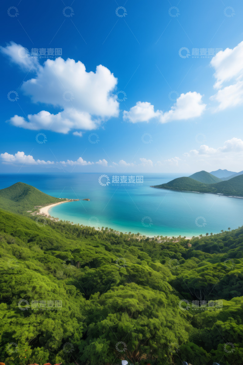 高清大图下载【趣麦麦图】碧海蓝天海岸与葱郁山林景观