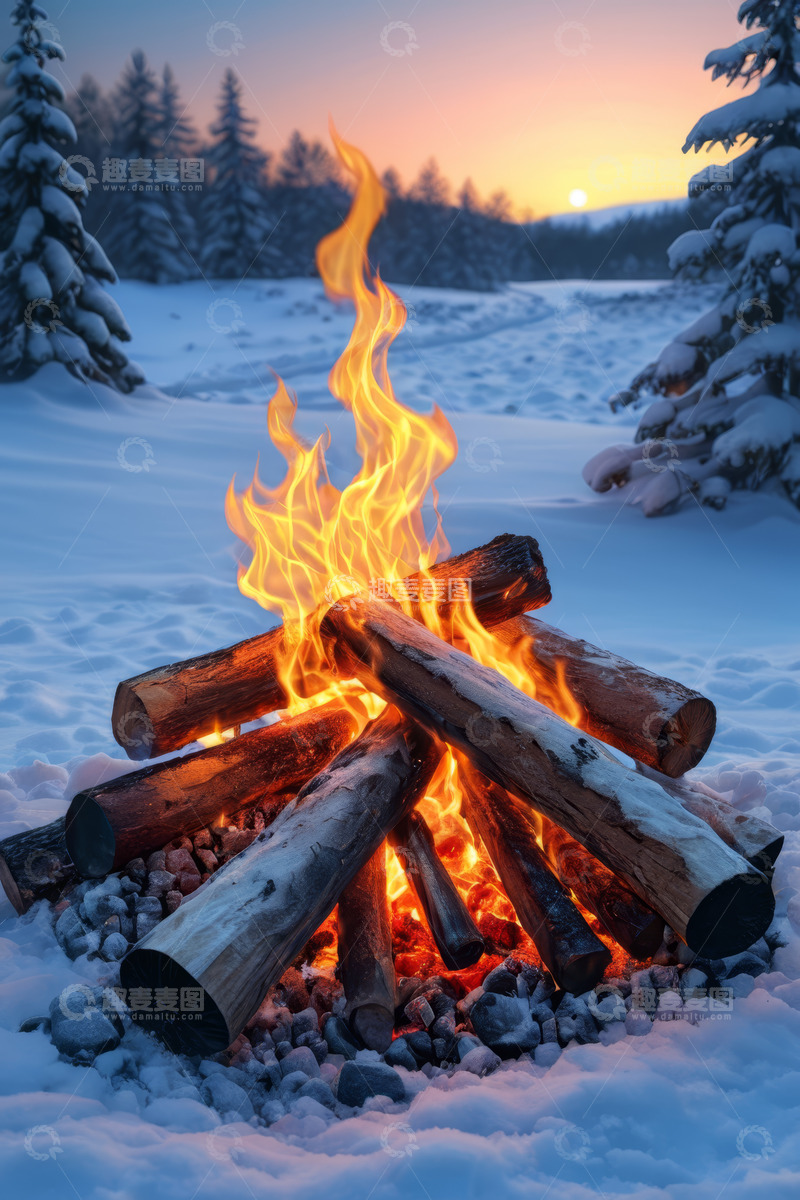 高清大图下载【趣麦麦图】雪地中燃烧的篝火场景
