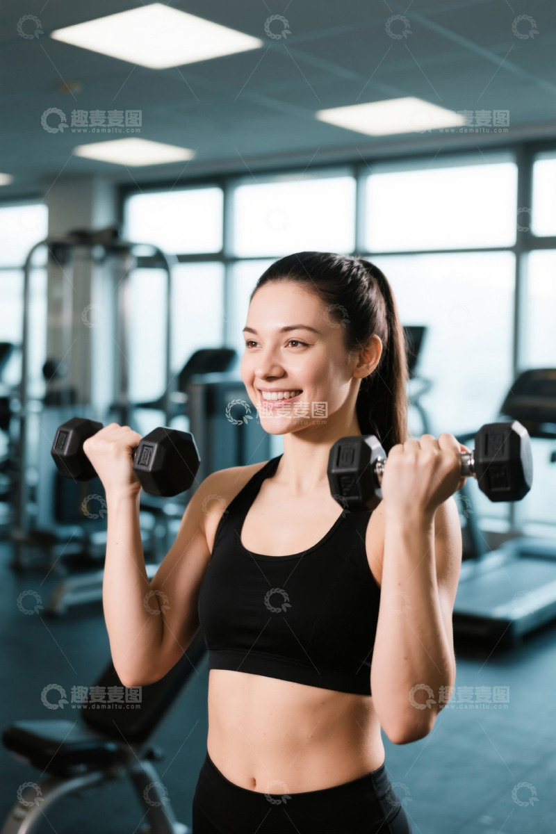高清大图下载【趣麦麦图】健身房里微笑的年轻女子举哑铃