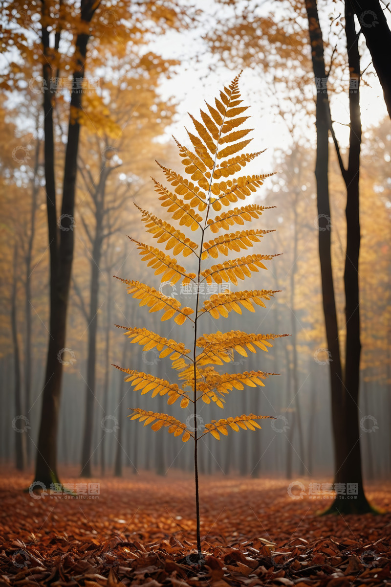 高清大图下载【趣麦麦图】秋季森林中的单株金黄蕨类植物