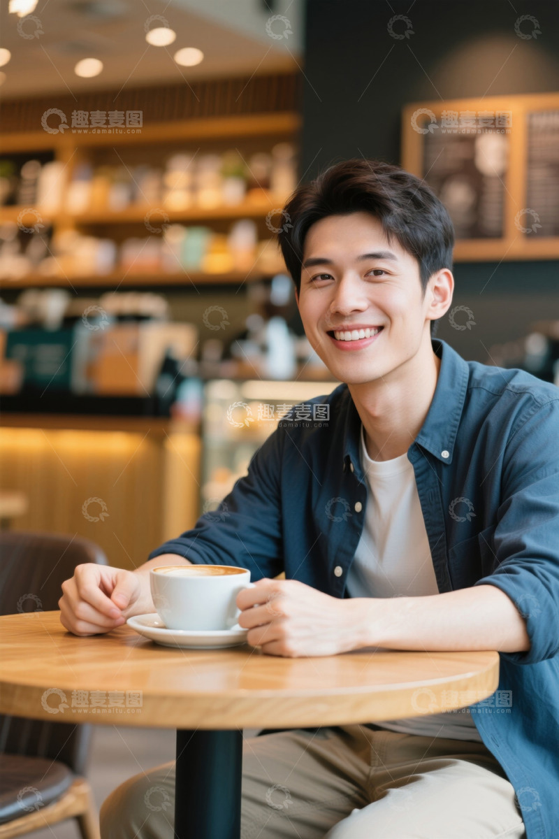 高清大图下载【趣麦麦图】咖啡馆里微笑的年轻男子