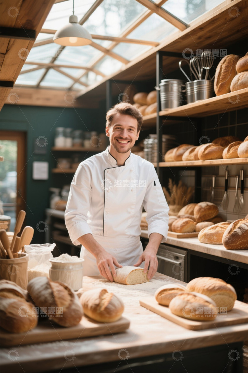 高清大图下载【趣麦麦图】面包师在面包店微笑制作面包