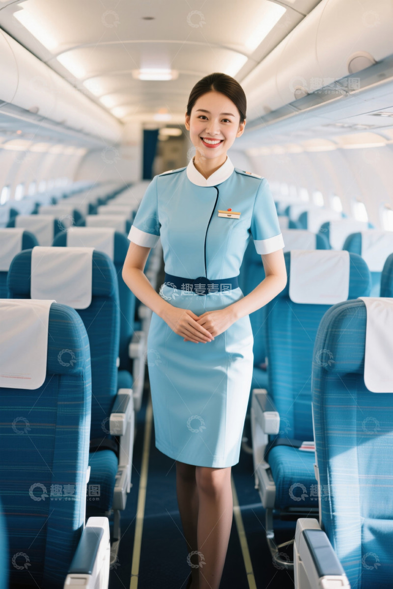 高清大图下载【趣麦麦图】空姐微笑站立飞机过道