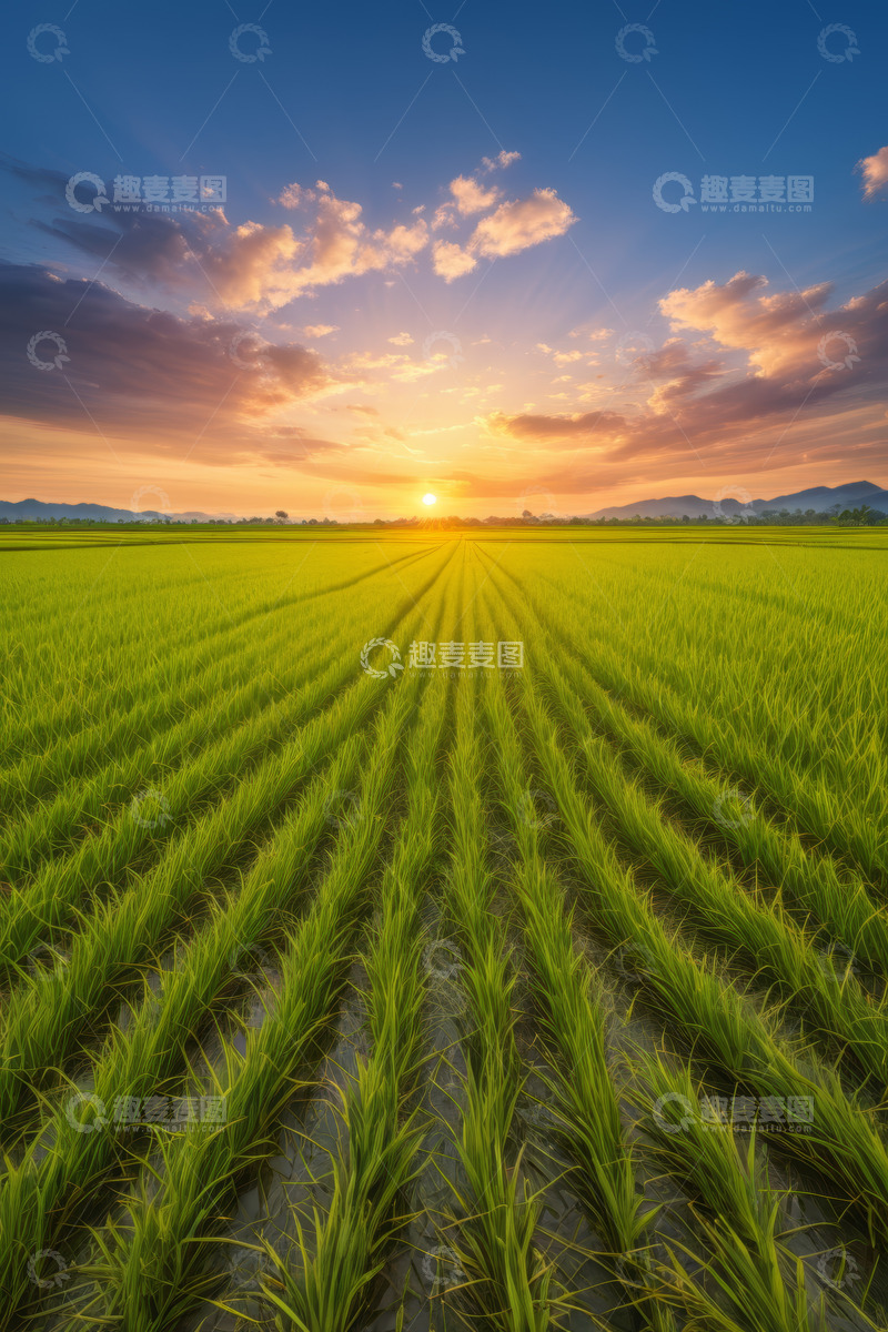 高清大图下载【趣麦麦图】夕阳下的绿色稻田景观