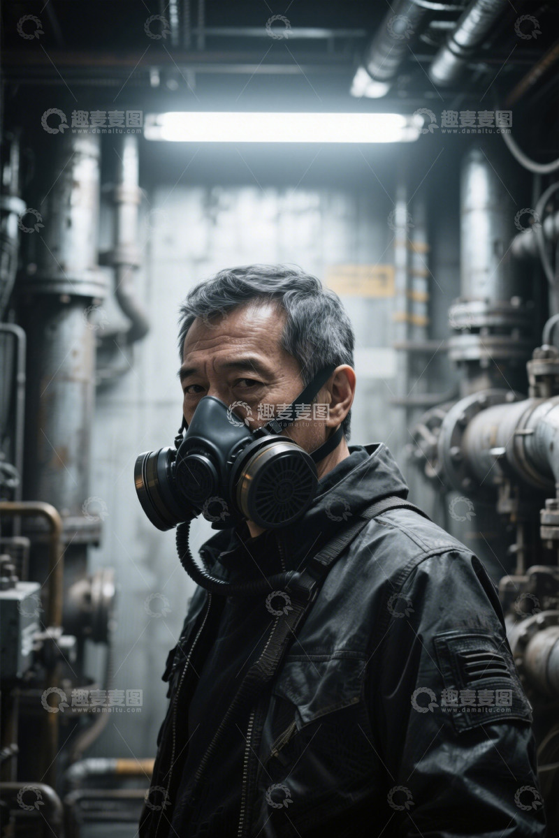 高清大图下载【趣麦麦图】戴防毒面具的中年男子工业场景