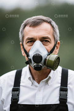 戴防毒面具的中年男子户外写真