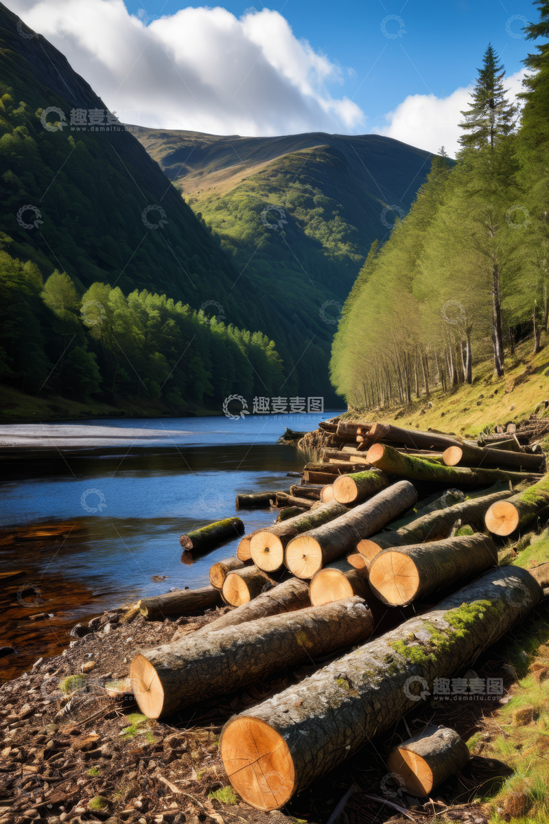 高清大图下载【趣麦麦图】河边山林砍伐后堆放的原木景观