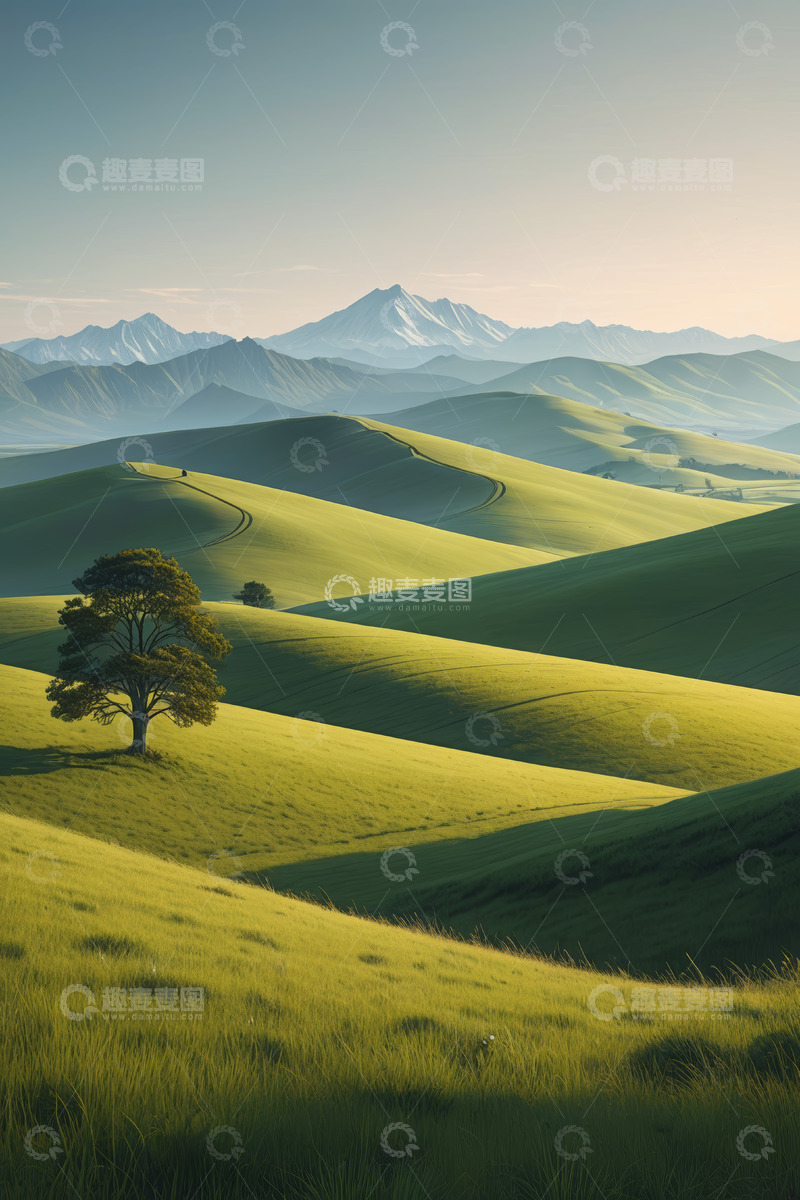 高清大图下载【趣麦麦图】绿色山丘与远处雪山风景