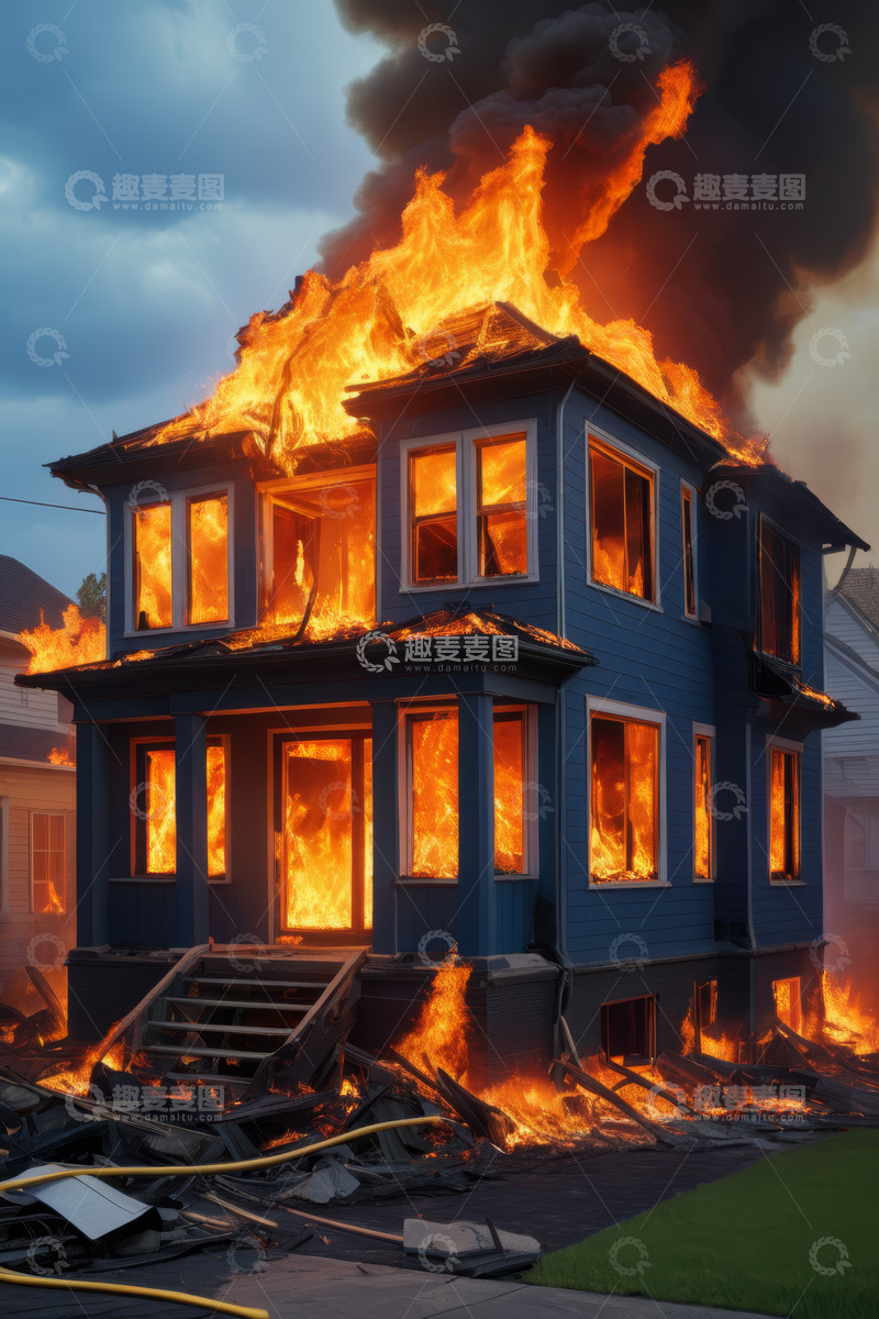高清大图下载【趣麦麦图】着火的蓝色双层独栋房屋