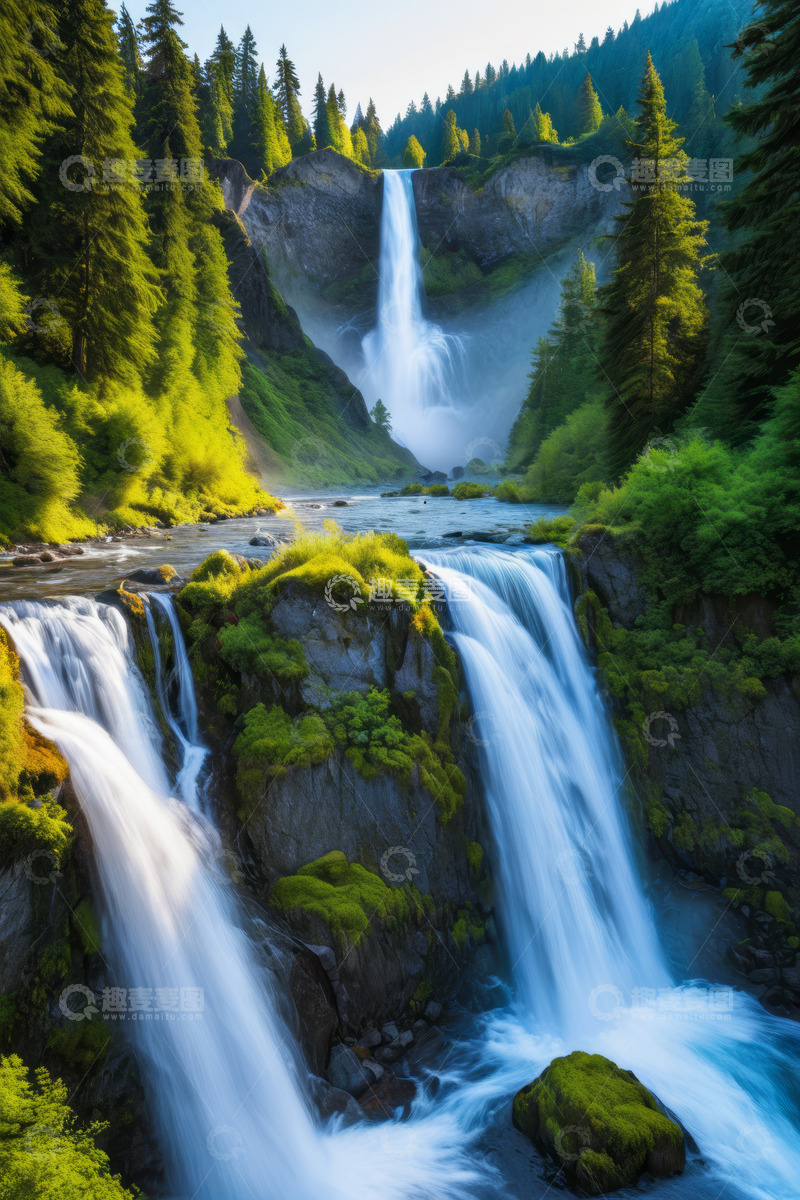 高清大图下载【趣麦麦图】森林中的壮丽瀑布景观