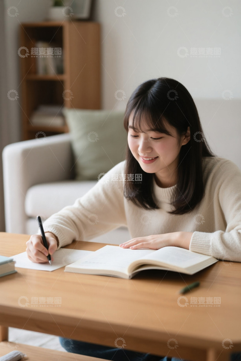 高清大图下载【趣麦麦图】女生在家认真学习看书写字