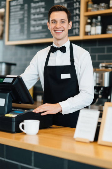 咖啡店年轻男服务员微笑服务