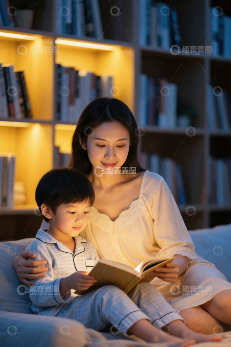 高清大图下载【趣麦麦图】母亲与孩子共读绘本温馨时刻