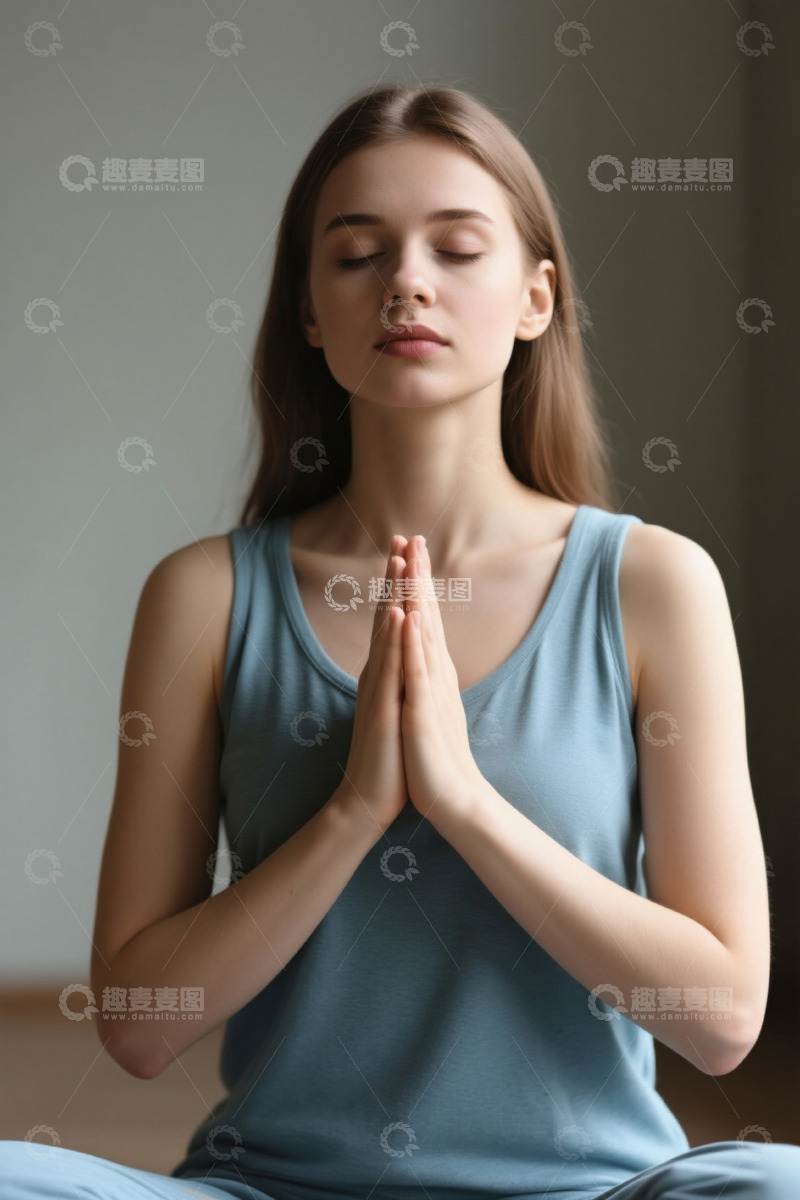 高清大图下载【趣麦麦图】冥想中的年轻女子双手合十