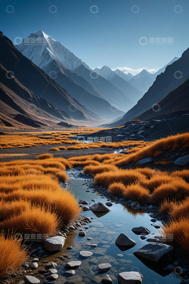 高清大图下载【趣麦麦图】雪山下的山谷溪流与草甸景观
