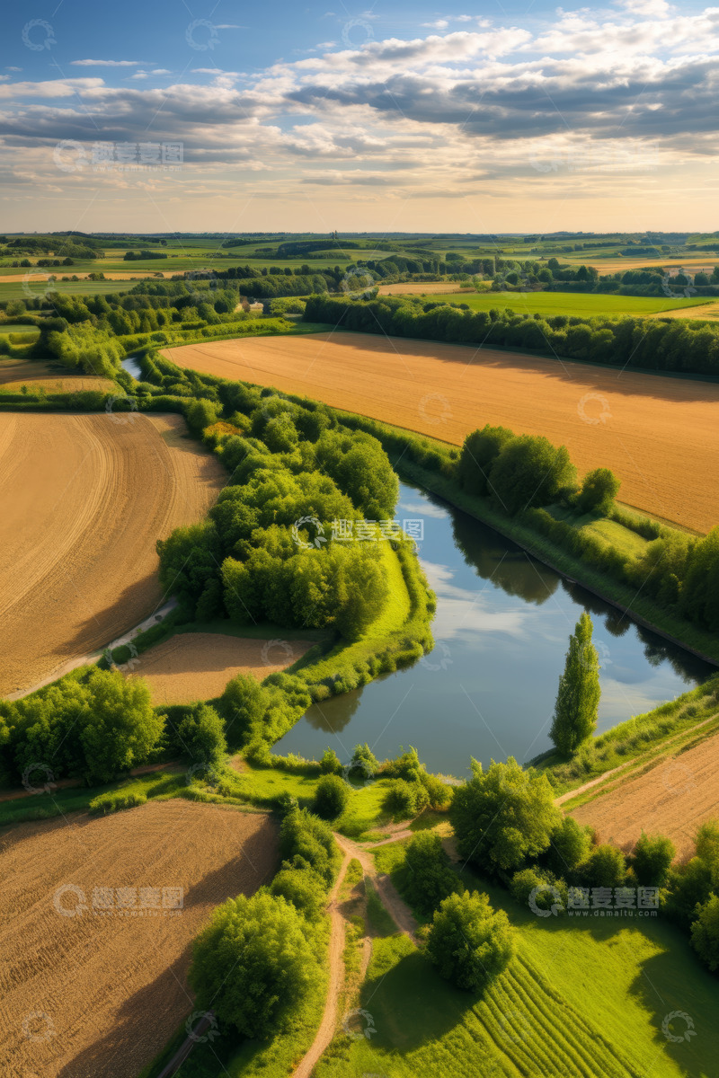 高清大图下载【趣麦麦图】田野河流自然风光航拍画面