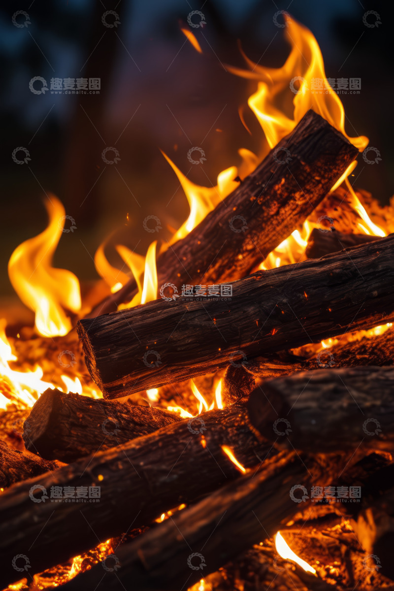 高清大图下载【趣麦麦图】燃烧的篝火木材特写