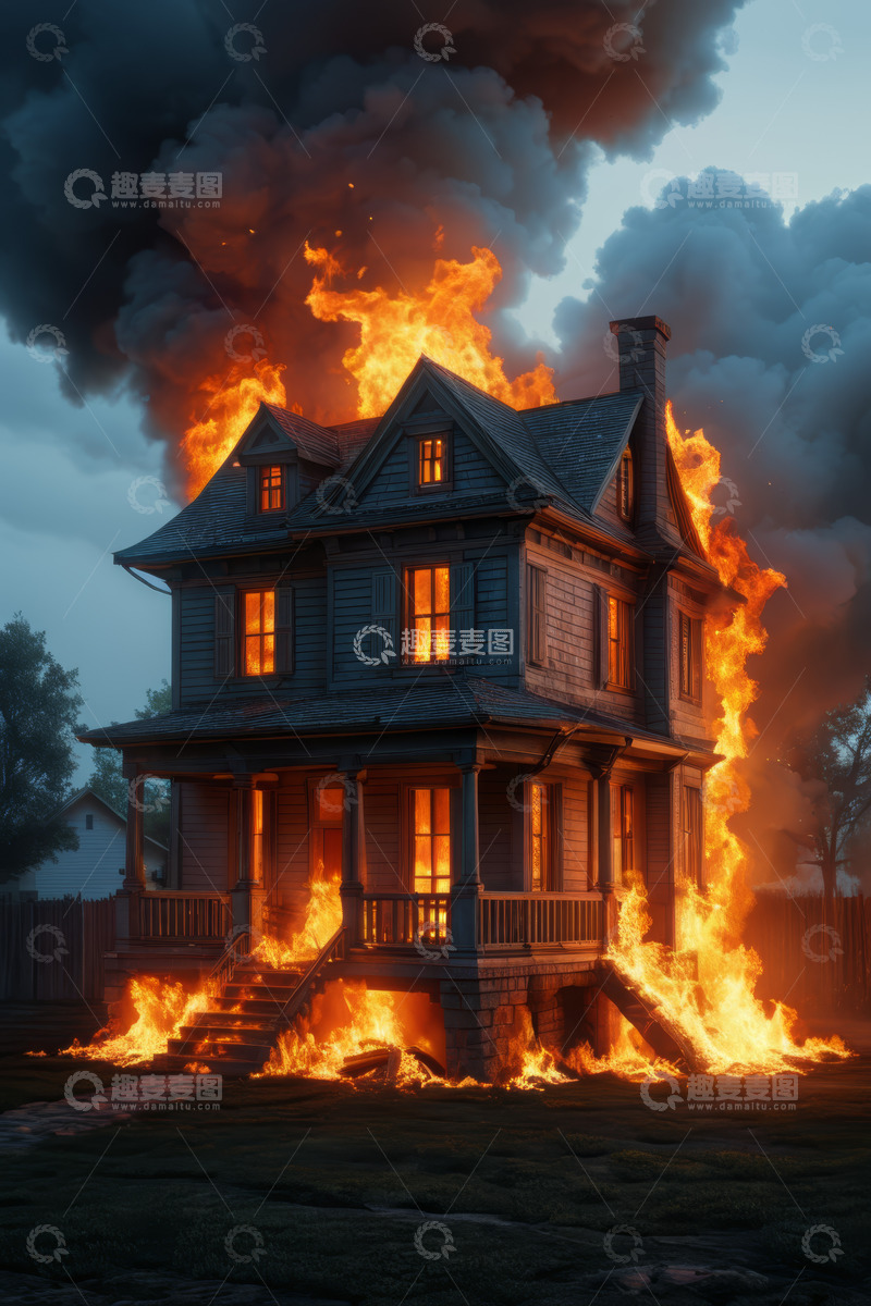 高清大图下载【趣麦麦图】燃烧中的两层木质房屋