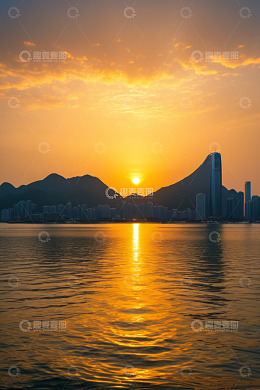 城市日落山水全景