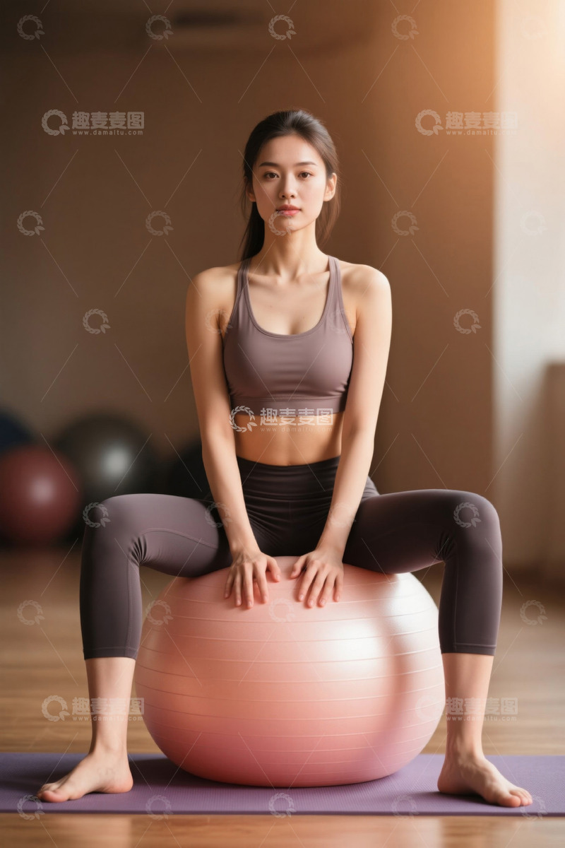 高清大图下载【趣麦麦图】健身房瑜伽球上年轻女子