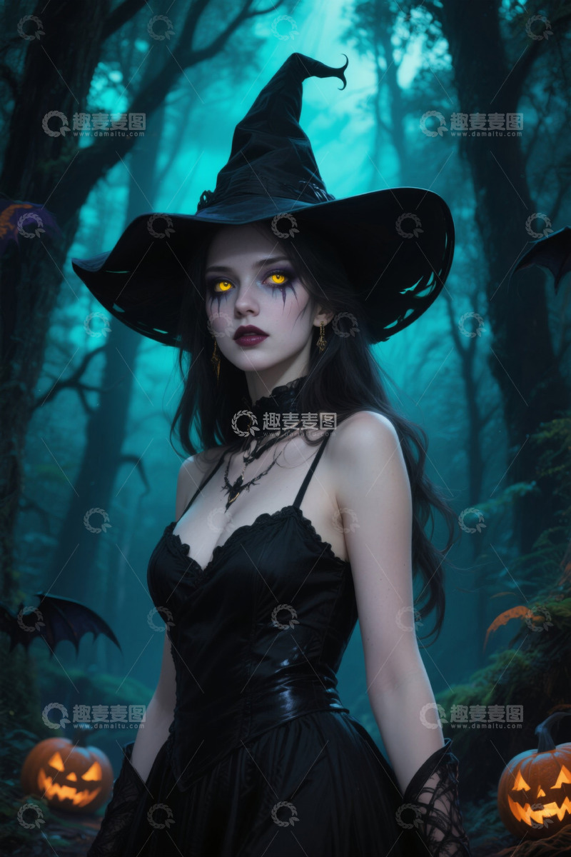 高清大图下载【趣麦麦图】神秘女巫森林夜色万圣节南瓜