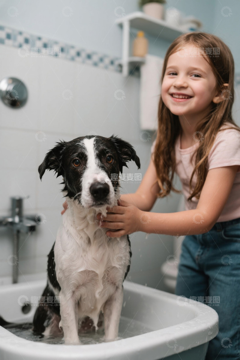 高清大图下载【趣麦麦图】女孩在浴室帮狗狗洗澡画面温馨