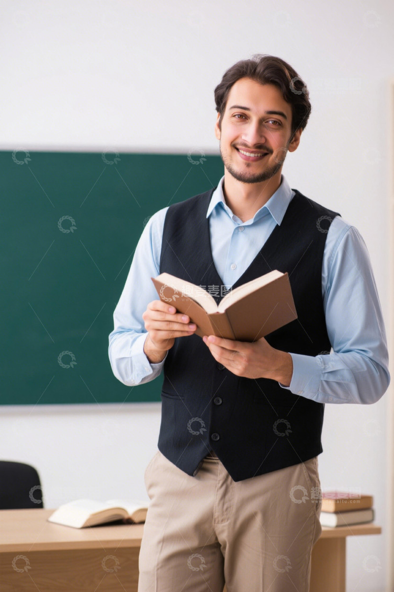 高清大图下载【趣麦麦图】年轻男教师课堂上看书微笑