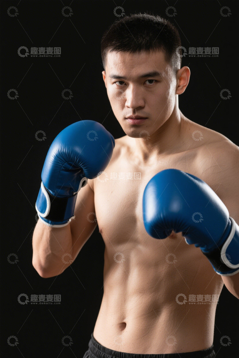 高清大图下载【趣麦麦图】拳击手戴着蓝色拳套准备格斗