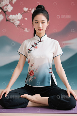 优雅女子盘腿而坐身着中式服装