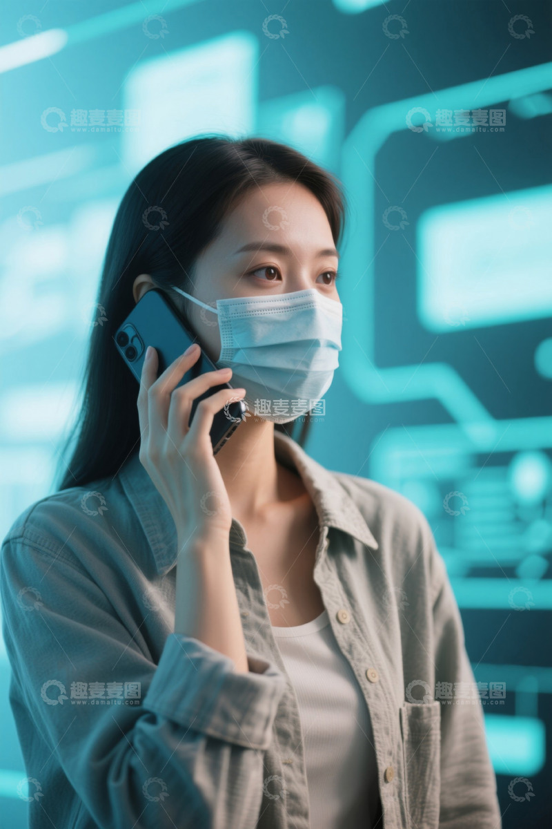 高清大图下载【趣麦麦图】戴口罩女子手机通话科技背景
