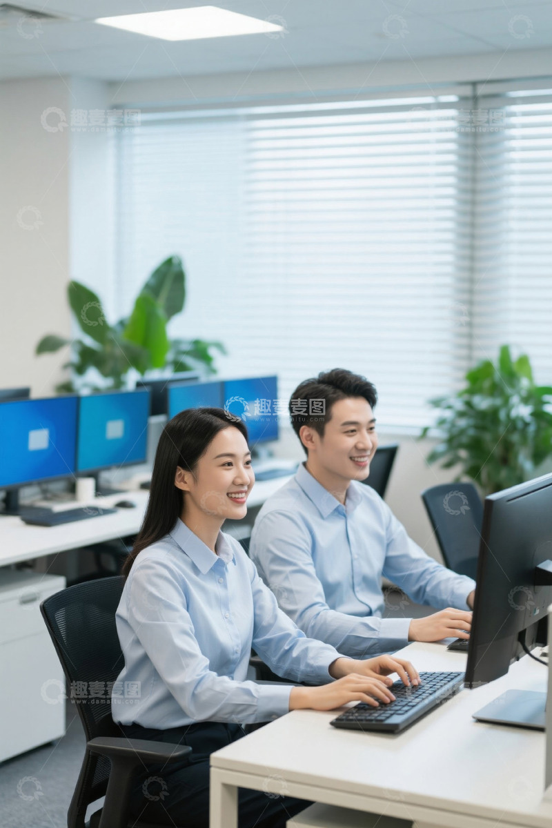 高清大图下载【趣麦麦图】办公室里两位年轻员工认真工作