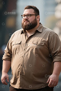 阳光下穿着卡其色衬衫的胖男人