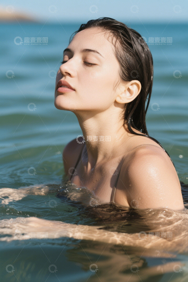 高清大图下载【趣麦麦图】女子海中闭眼休憩享受阳光