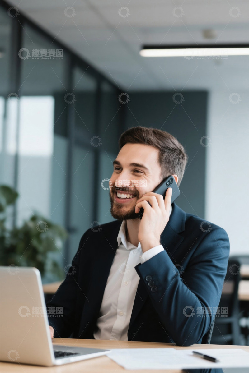 高清大图下载【趣麦麦图】西装男在办公室接电话工作