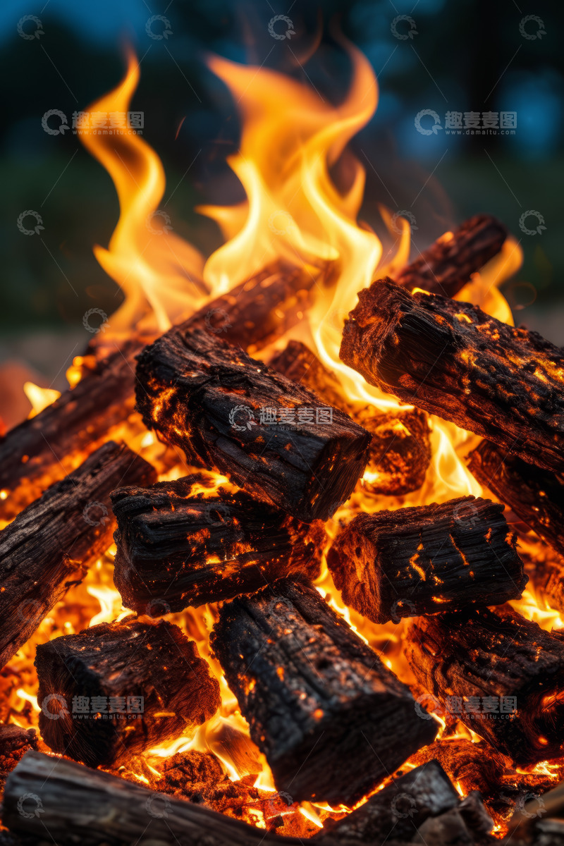 高清大图下载【趣麦麦图】户外燃烧的篝火木材特写