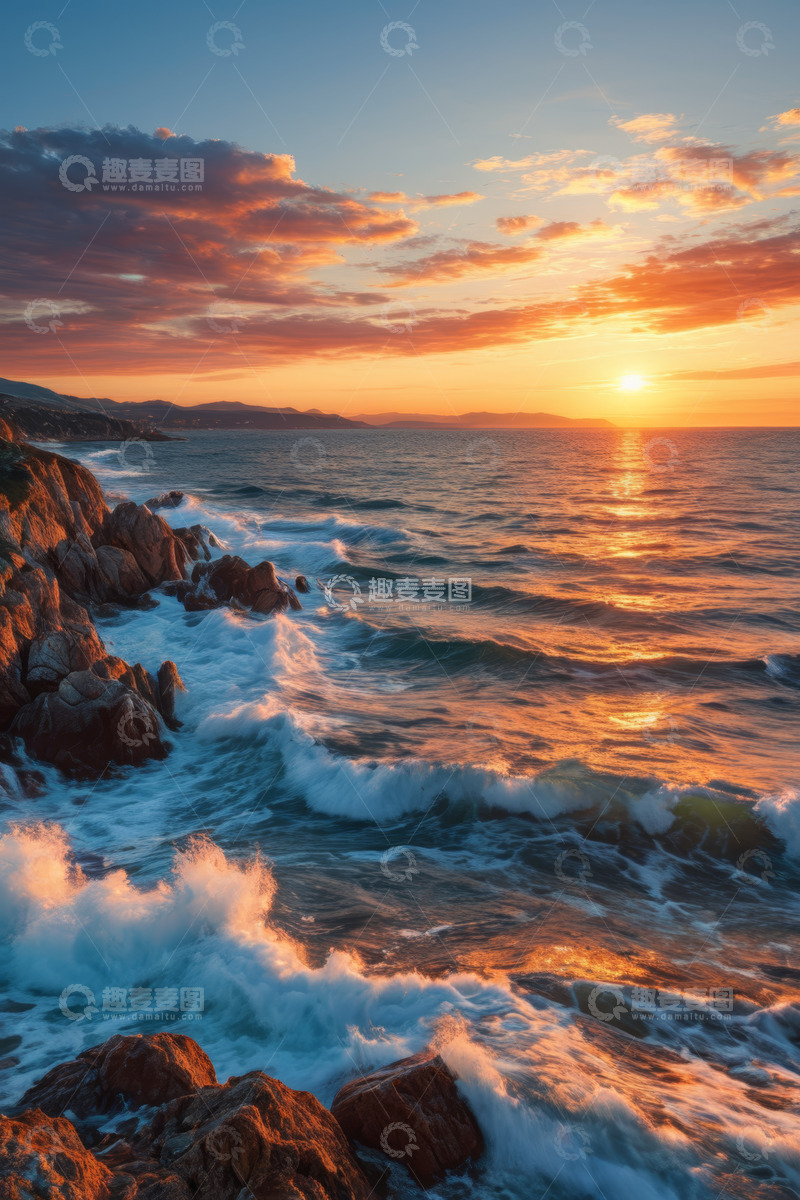 高清大图下载【趣麦麦图】海岸日落海浪拍打礁石景象