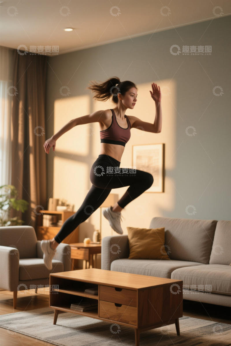 高清大图下载【趣麦麦图】年轻女子家中跳跃健身活力四射