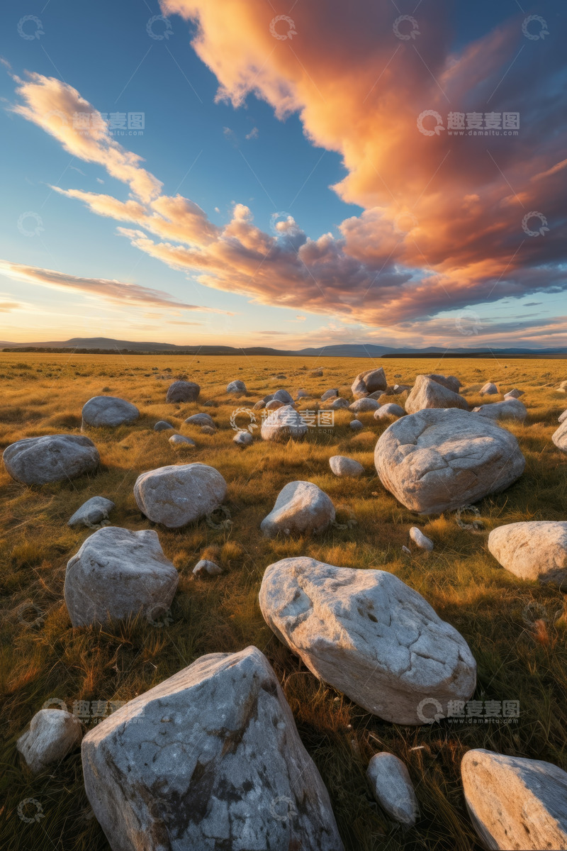 高清大图下载【趣麦麦图】原野上散布着巨石与绚丽天空