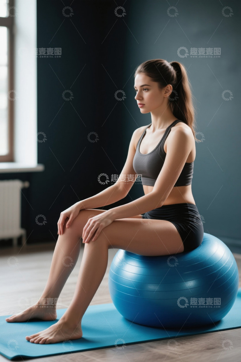 高清大图下载【趣麦麦图】年轻女子健身房瑜伽球运动